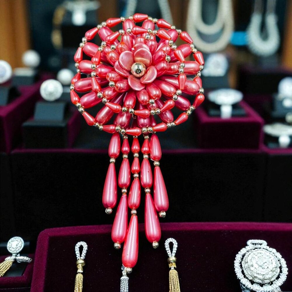 Handmade Beaded Hair Clip Pink Flower Statement‎ Barrette Festival Boho Jewelry